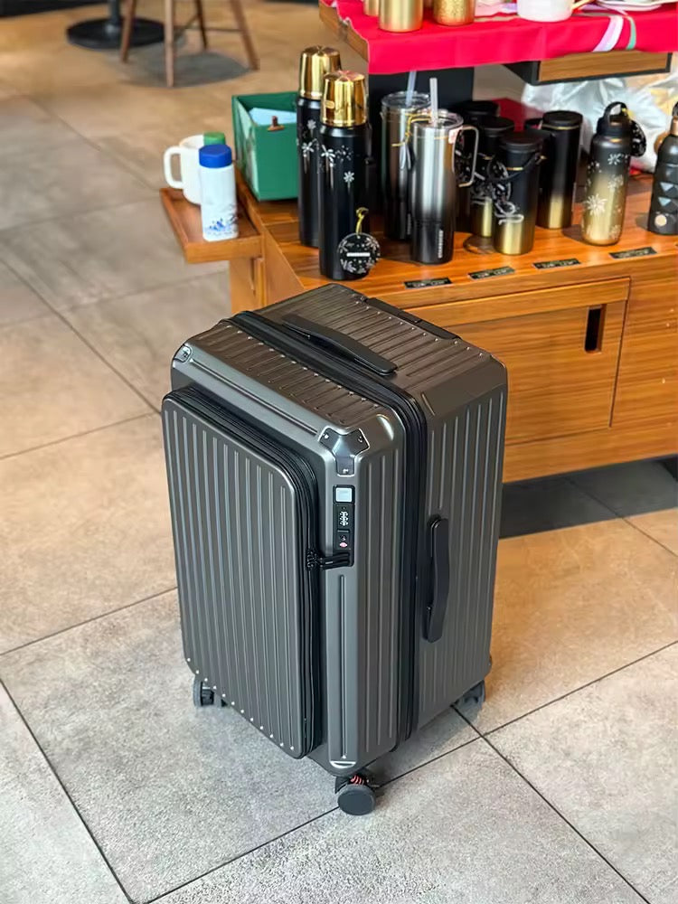SwiftGlide Expandable Hardshell Luggage – Side-Opening Rolling Suitcase with USB Port, TSA Lock & Coffee Holder