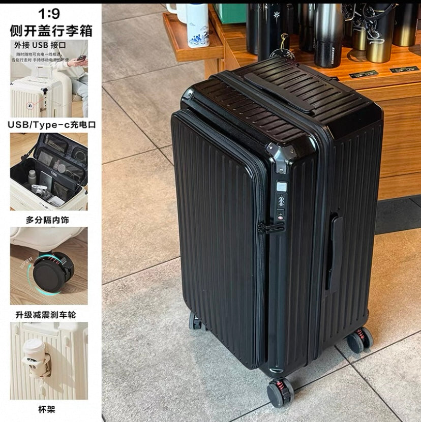 SwiftGlide Expandable Hardshell Luggage – Side-Opening Rolling Suitcase with USB Port, TSA Lock & Coffee Holder