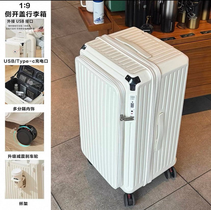 SwiftGlide Expandable Hardshell Luggage – Side-Opening Rolling Suitcase with USB Port, TSA Lock & Coffee Holder