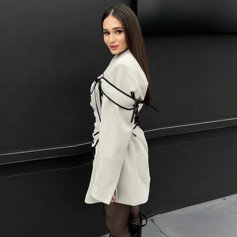 Virella Corset-Tie Blazer Dress – Bold Elegance Redefined in Soft Dove Gray and classic Midnight Black