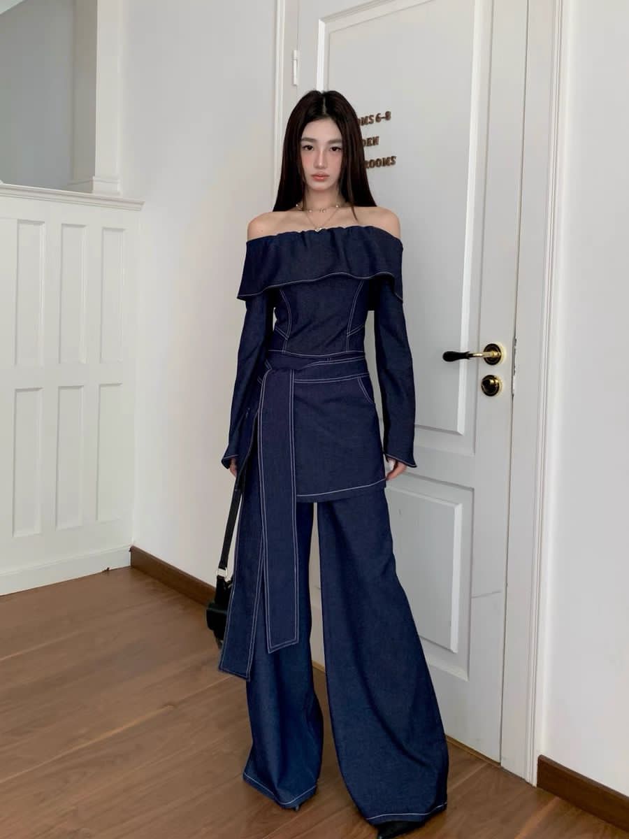 Indigo Muse Off-Shoulder Belted Denim Set