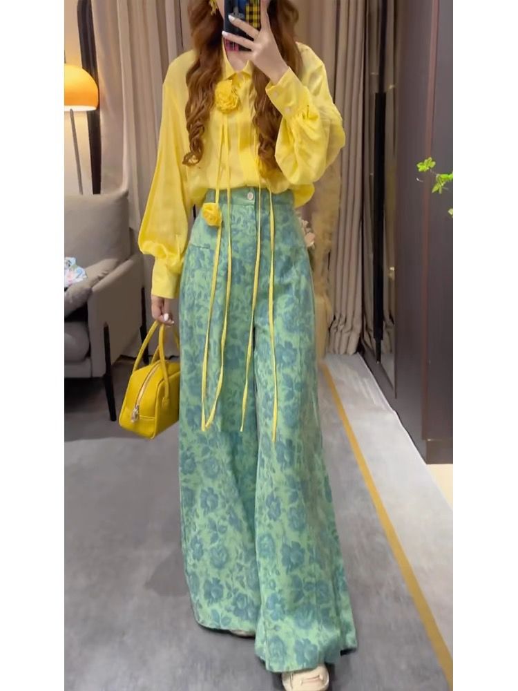 Soleil Bloom Two-Piece Set – Yellow Petal Blouse & Botanical Wide-Leg Pants