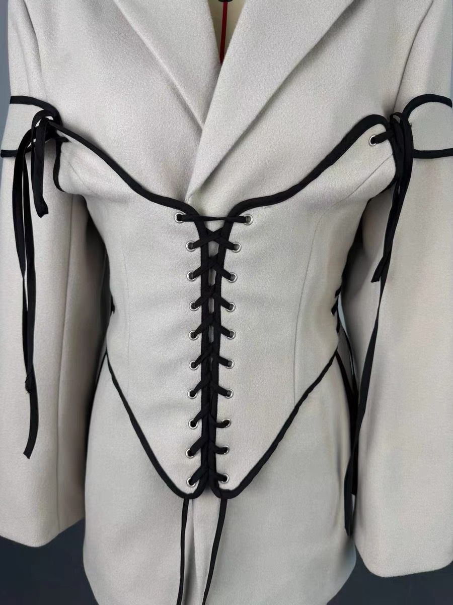 Virella Corset-Tie Blazer Dress – Bold Elegance Redefined in Soft Dove Gray and classic Midnight Black