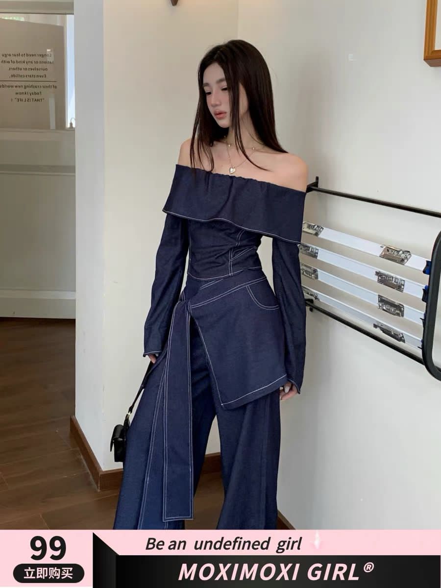 Indigo Muse Off-Shoulder Belted Denim Set