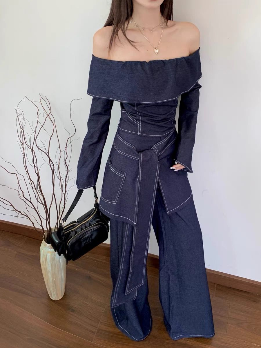 Indigo Muse Off-Shoulder Belted Denim Set