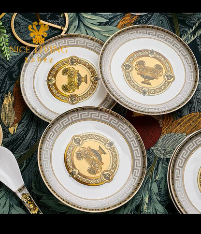 Luxury Neloven Bone China Tableware Set – European-Style Gold-Inlaid Bowls and Plates