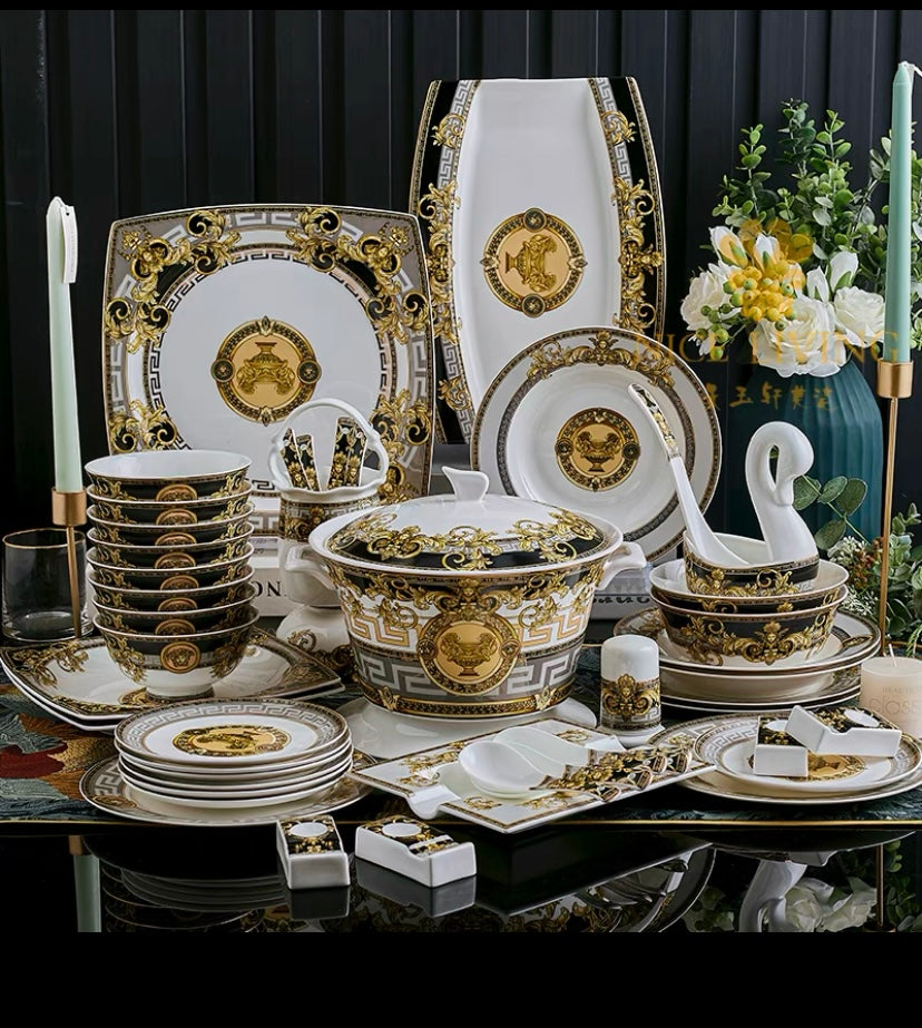 Luxury Neloven Bone China Tableware Set – European-Style Gold-Inlaid Bowls and Plates