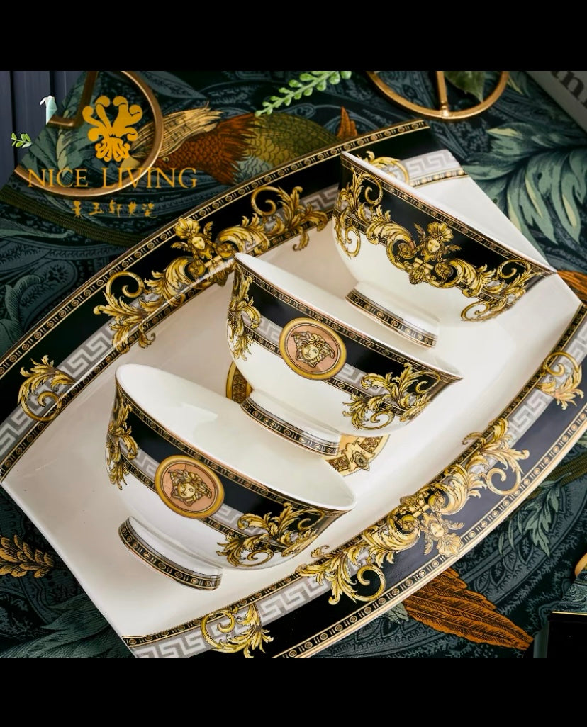 Luxury Neloven Bone China Tableware Set – European-Style Gold-Inlaid Bowls and Plates