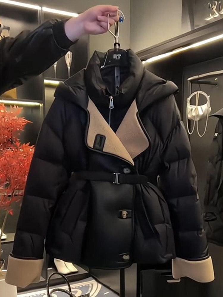 Luxury Black Hooded Down Jacket for Women - Patchwork Waist Slimming Design