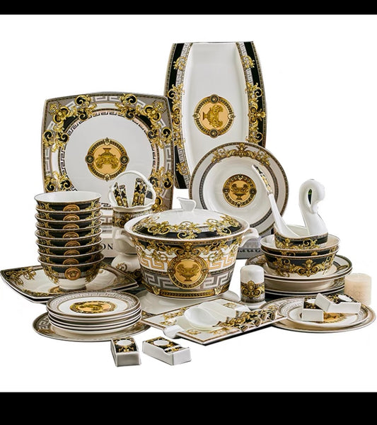 Luxury Neloven Bone China Tableware Set – European-Style Gold-Inlaid Bowls and Plates