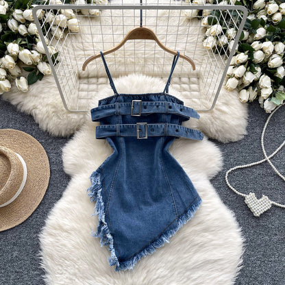 Summer Chic Raw-Edge Denim Tube Dress - Waist-Slimming A-Line