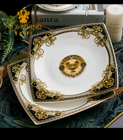 Luxury Neloven Bone China Tableware Set – European-Style Gold-Inlaid Bowls and Plates