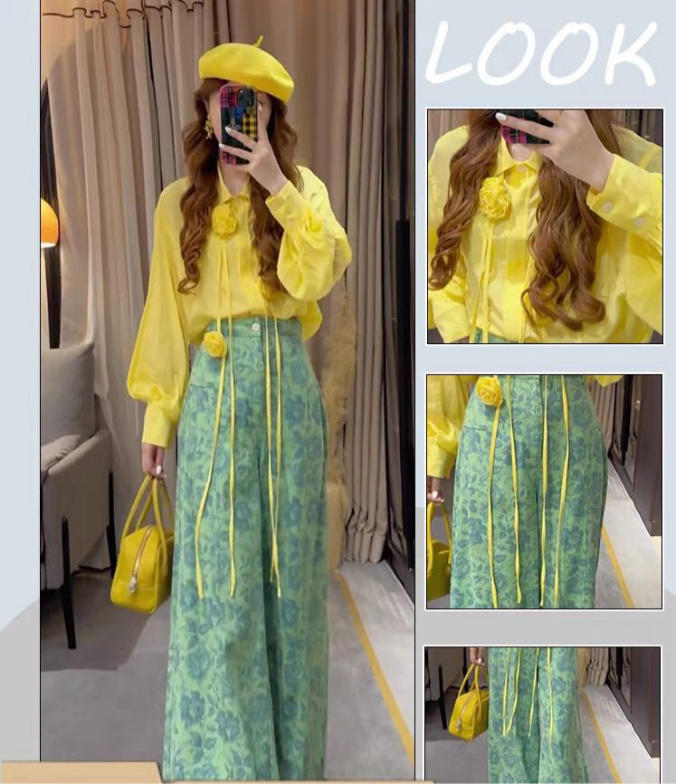 Soleil Bloom Two-Piece Set – Yellow Petal Blouse & Botanical Wide-Leg Pants