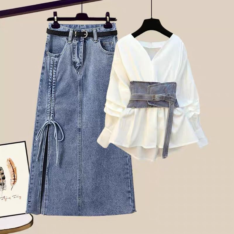 Chic Denim & White Blouse Two piece set