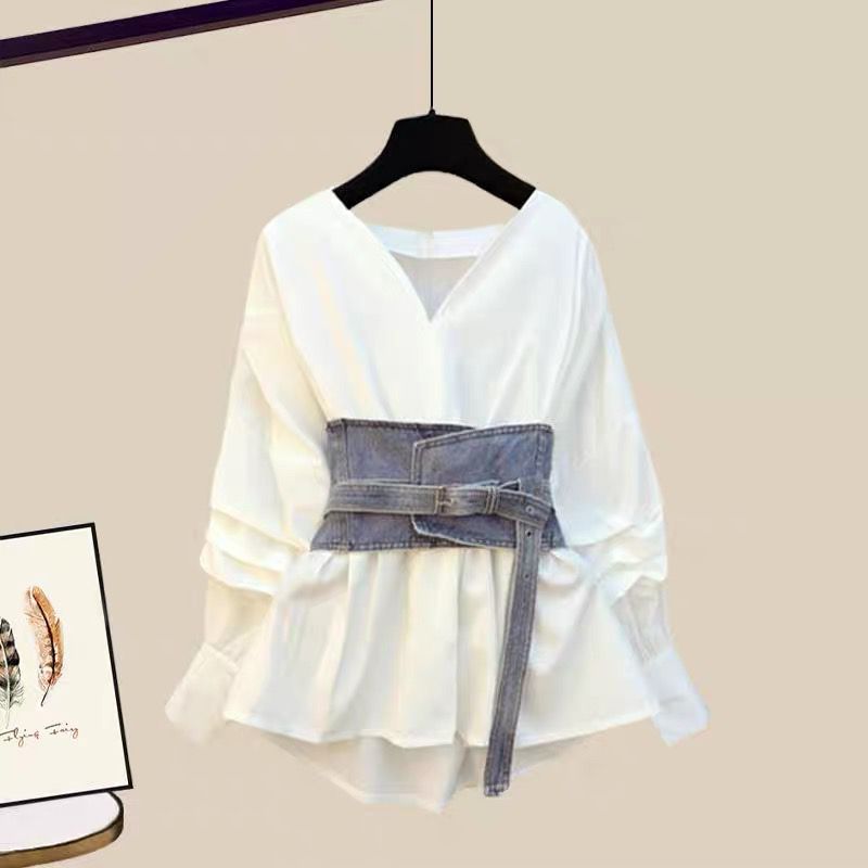 Chic Denim & White Blouse Two piece set
