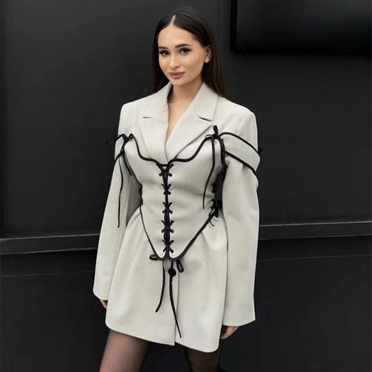 Virella Corset-Tie Blazer Dress – Bold Elegance Redefined in Soft Dove Gray and  classic Midnight Black